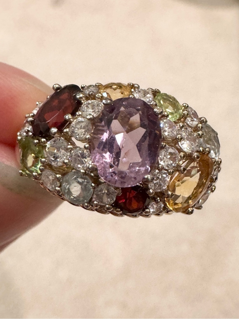 Sterling silver 925 multi gemstone amethyst citrine garnet topaz large dome ring